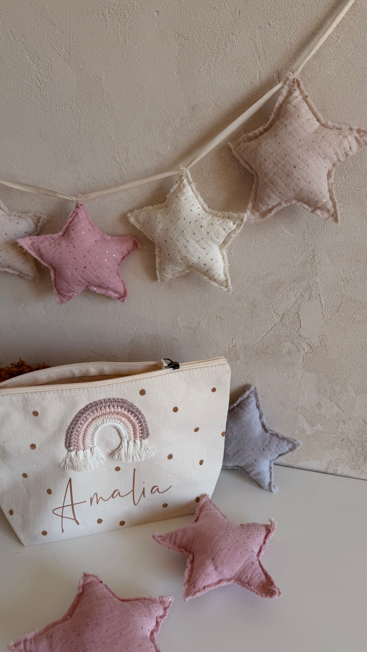 Musselin-Sterne mit Goldsprenkeln – Rosa, Rauchblau & Natur