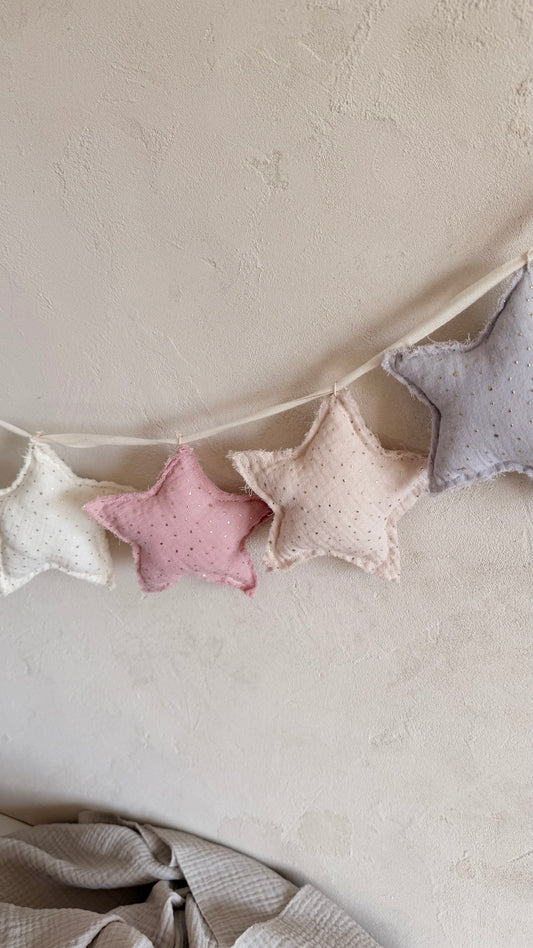 Musselin-Sterne mit Goldsprenkeln – Rosa, Rauchblau & Natur