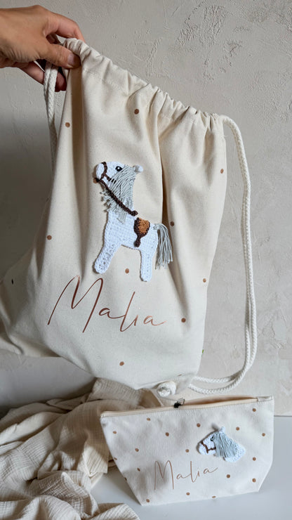 Personalisierter Pferde-Turnbeutel mit Name | Canvas