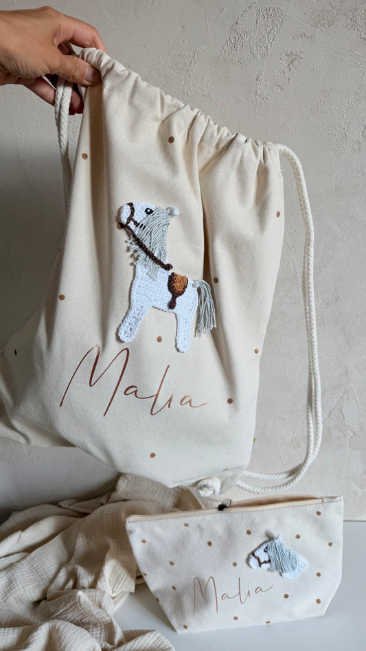 Personalisierter Pferde-Turnbeutel mit Name | Canvas