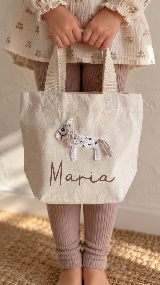 Pferde-Mini-Shopper für Kinder – mit Häkelpferd, optional mit Name