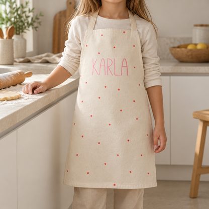 Kinderschürze Karla mit Name – Punkte, Pink oder Flieder