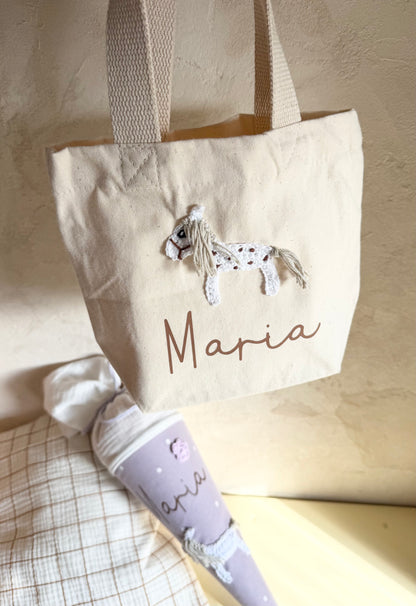 Pferde-Mini-Shopper für Kinder – mit Häkelpferd, optional mit Name