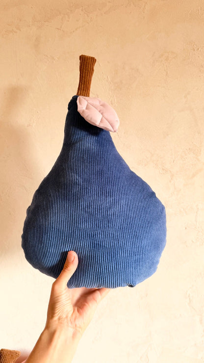 Kobaltblaues Birnenkissen aus Cord mit fliederfarbenem Blatt