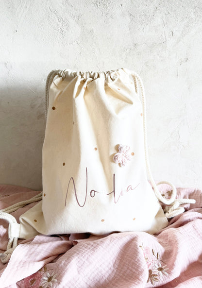 Personalisierter Turnbeutel mit Name | Bio-Baumwolle | Rosa Metallic & Häkelblume