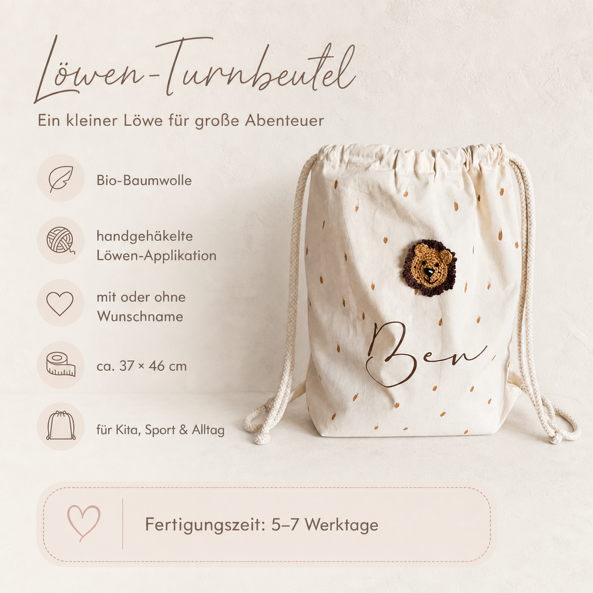 Löwen-Turnbeutel aus Bio-Baumwolle mit Maßen, Personalisierung und Fertigungszeit