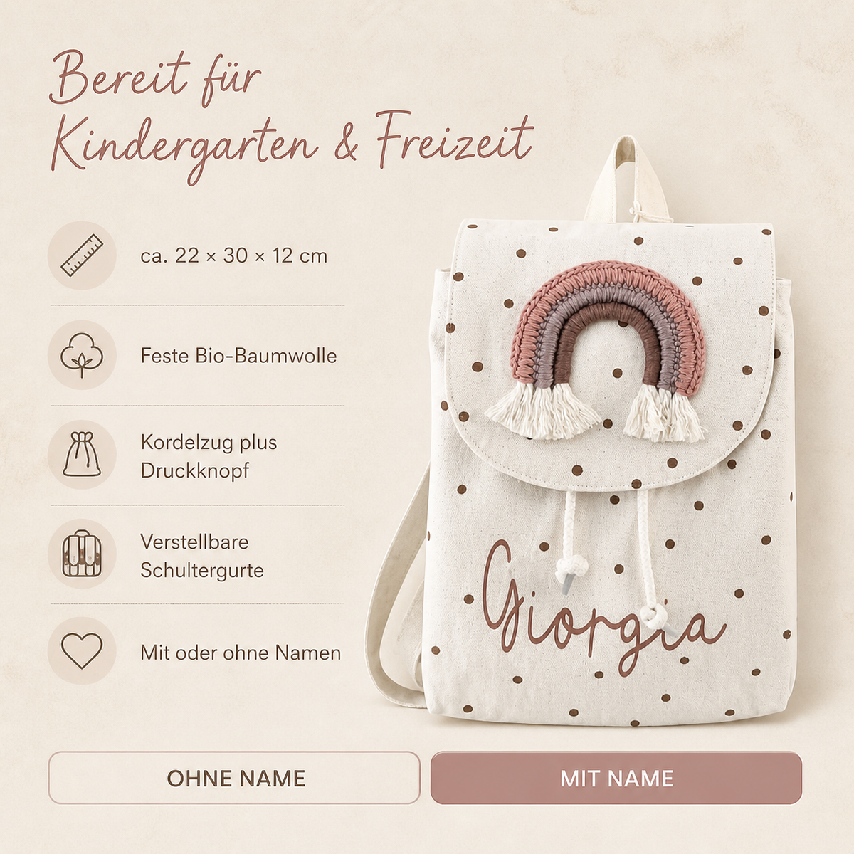 Regenbogen-Kinderrucksack: ca. 22 × 30 × 12 cm, Bio-Baumwolle, mit oder ohne Namen