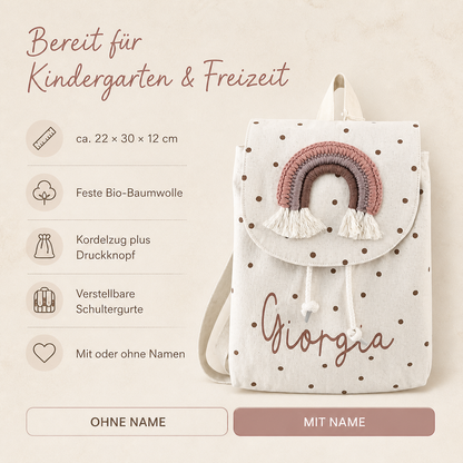 Regenbogen-Kinderrucksack: ca. 22 × 30 × 12 cm, Bio-Baumwolle, mit oder ohne Namen