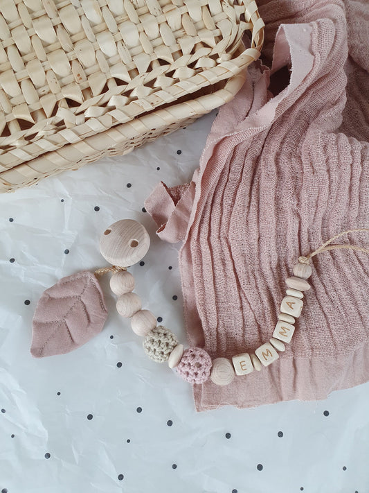 Schnullerkette Rosé & Beige mit Name