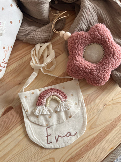 Kleine Regenbogen-Umhängetasche in Rosé & Beige