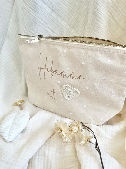 Kosmetiktasche mit Häkelherz – Danke, Hebamme
