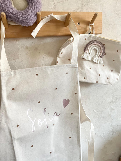 Personalisierte Kinderschürze Natur – Rosé & Kupfer