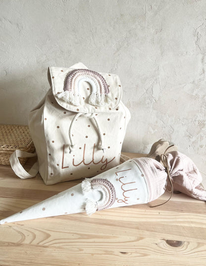Regenbogen-Kindergartentüte Rosé & Beige – optional personalisiert