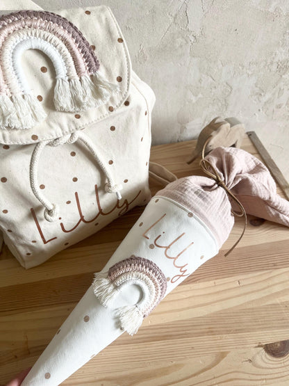 Regenbogen-Kindergartentüte Rosé & Beige – optional personalisiert
