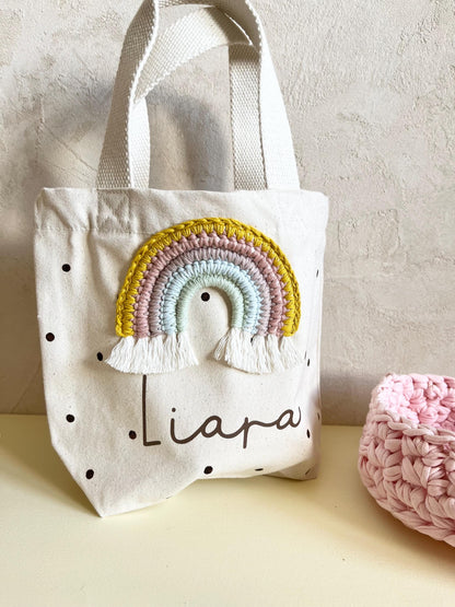 Mini-Shopper mit Häkelregenbogen – optional personalisiert