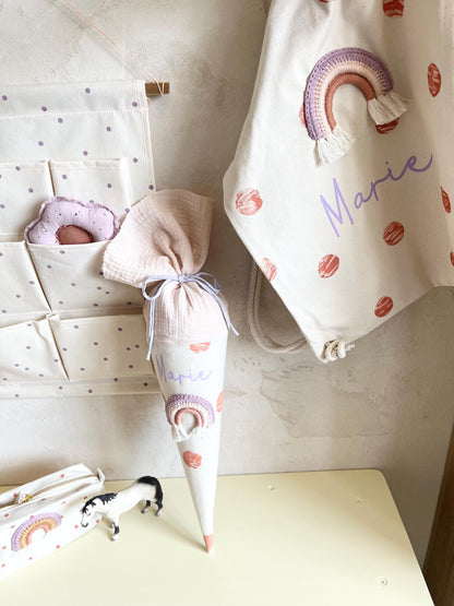 Regenbogen-Kindergartentüte Flieder & Nude – optional personalisiert