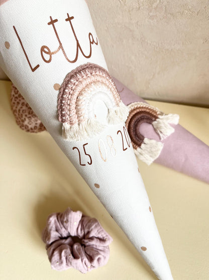 Regenbogen-Kindergartentüte Rosé & Beige – optional personalisiert