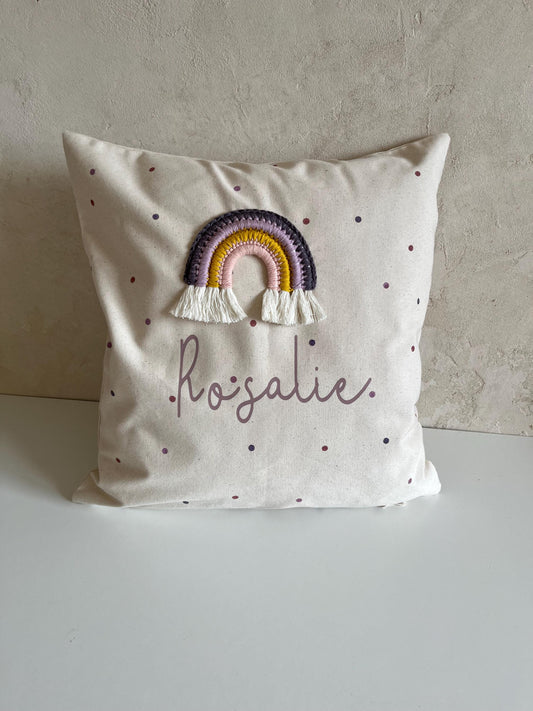 Regenbogenkissen Flieder, Rosa & Gelb mit Name