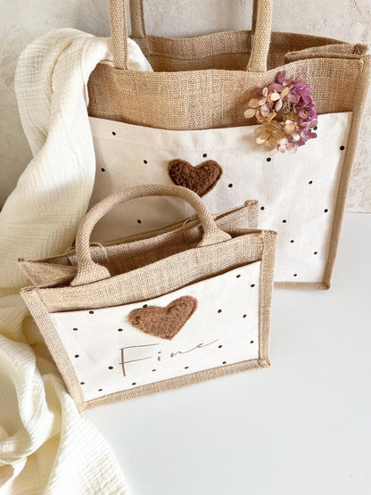Mami-&-Mini-Juteshopper mit Plüschherz