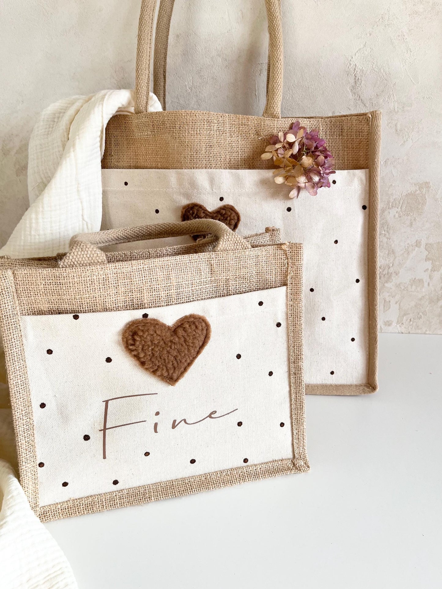 Mami-&-Mini-Juteshopper mit Plüschherz