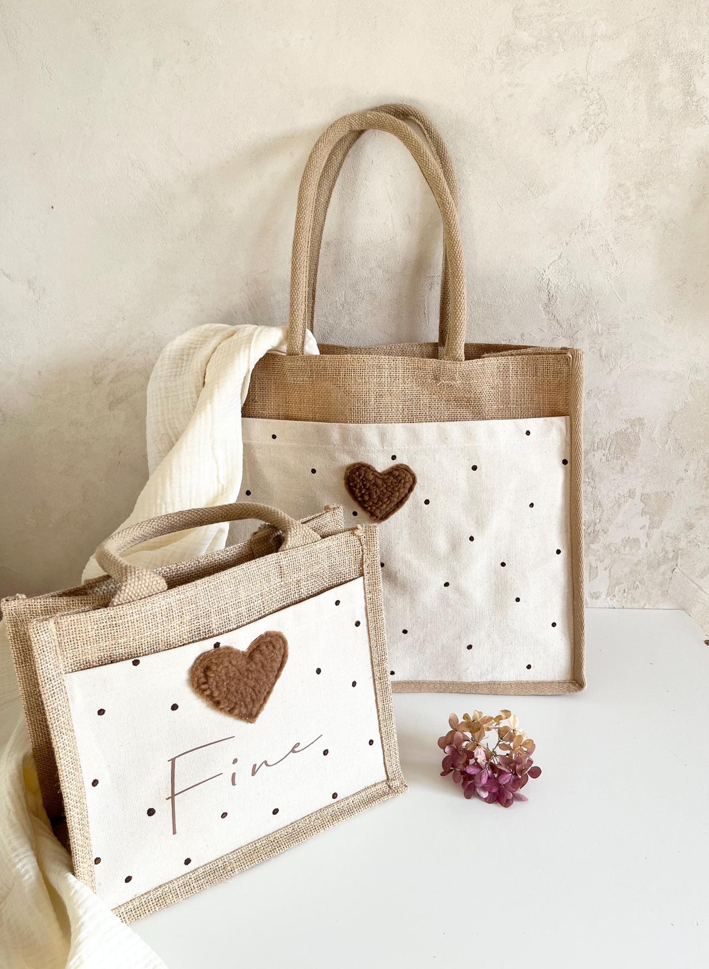 Mami-&-Mini-Juteshopper mit Plüschherz