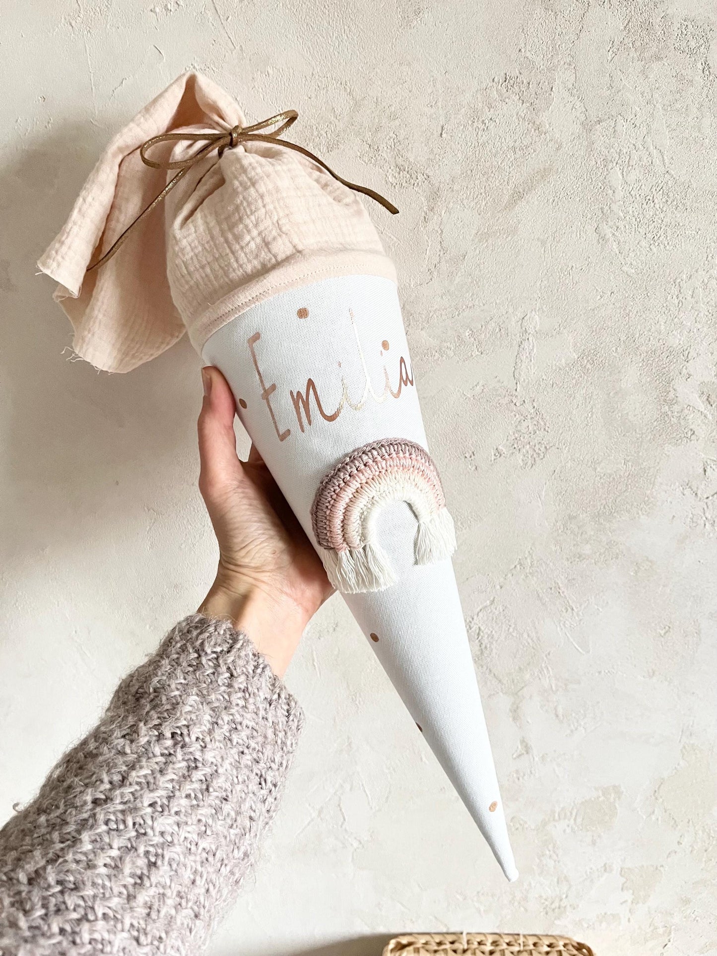 Regenbogen-Kindergartentüte in Rosé & Beige