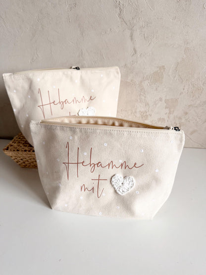 Kosmetiktasche mit Häkelherz – Danke, Hebamme