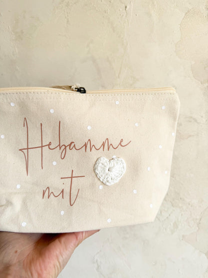 Kosmetiktasche mit Häkelherz – Danke, Hebamme