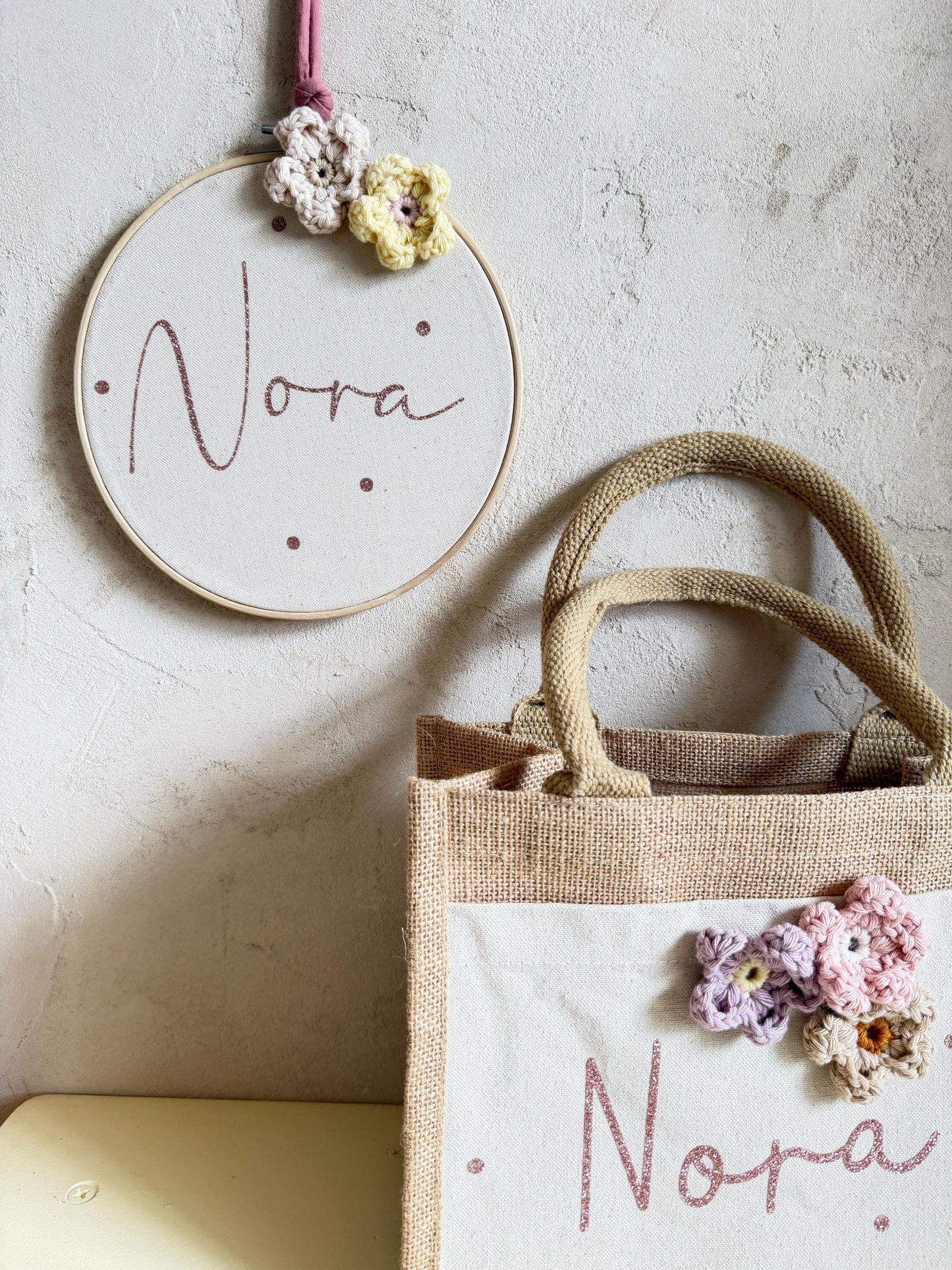 Blüten-Geschenkset: Mini-Shopper & Stickrahmen