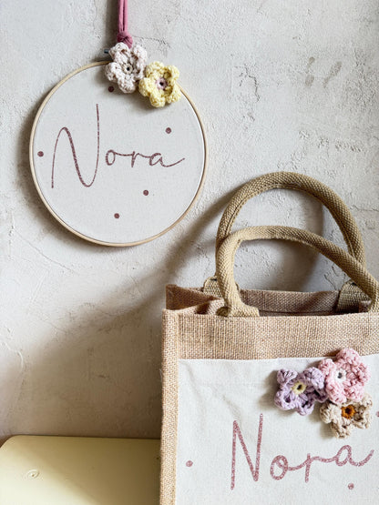 Blüten-Geschenkset: Mini-Shopper & Stickrahmen