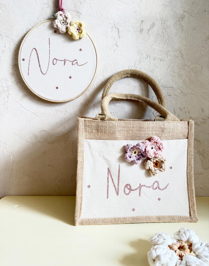 Blüten-Geschenkset: Mini-Shopper & Stickrahmen