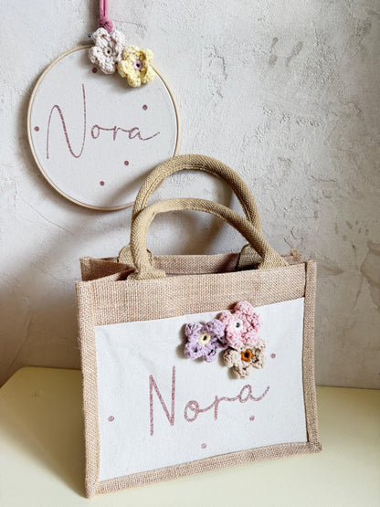 Blüten-Geschenkset: Mini-Shopper & Stickrahmen