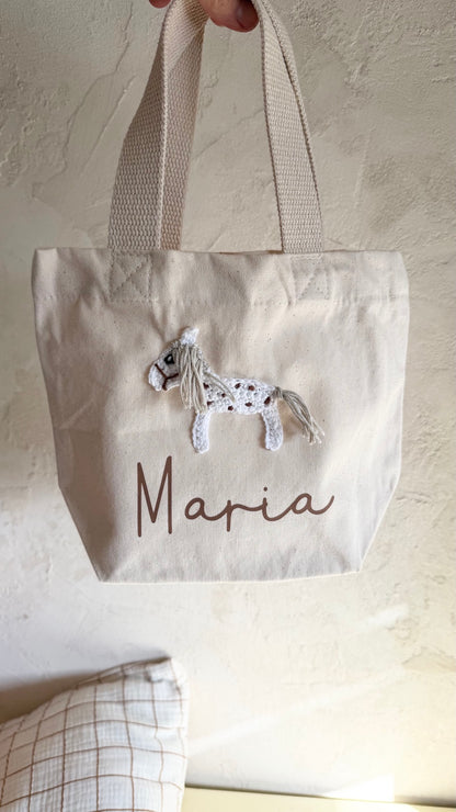 Pferde-Mini-Shopper aus naturfarbenem Canvas mit Namensbeispiel Maria