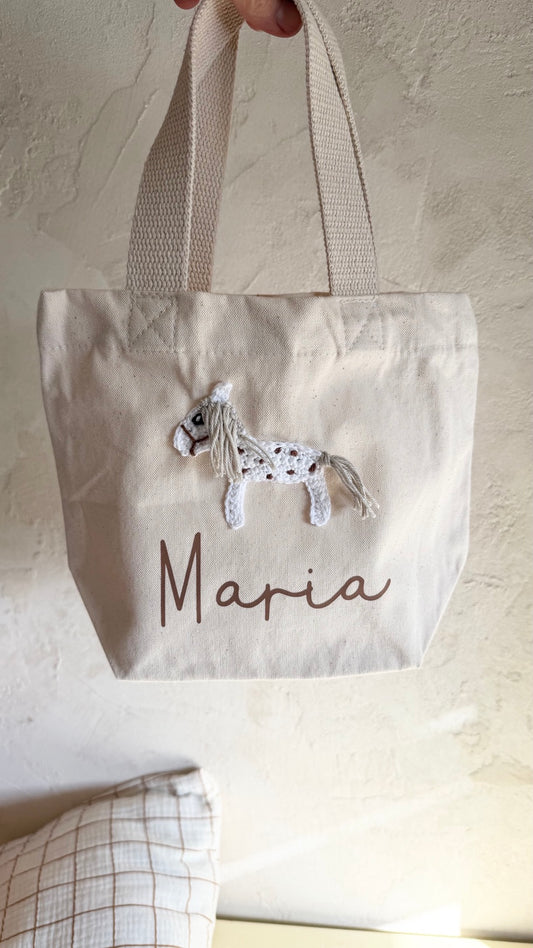 Pferde-Mini-Shopper aus naturfarbenem Canvas mit Namensbeispiel Maria